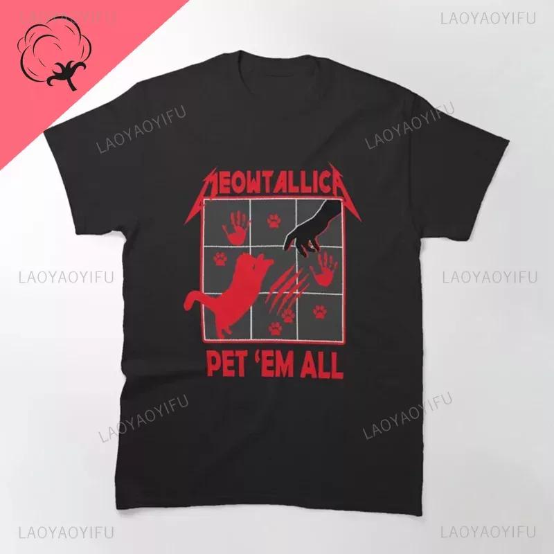 Funny Cat Meowtallica Cat Rock Music Print T-Shirts Rock Music Men Tops Fashion Oversized Tee Comfortable Unsiex Couple Wears