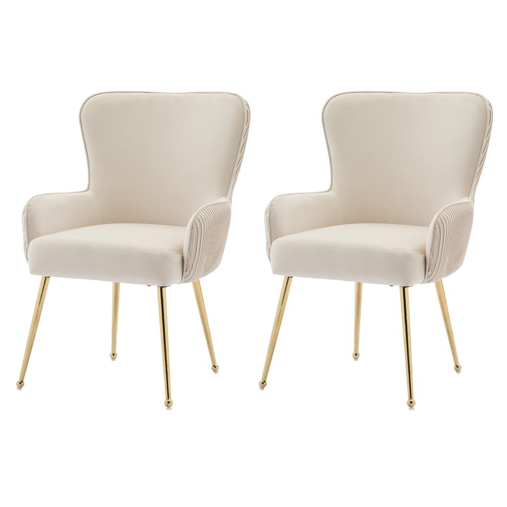 Velvet Dining Chair, Set of 2, Luxurious, Living Room, Bedroom, Lounge Chair, Four Gold Metal Legs, Armrests, Adjustable Feet, Lumbar Support, Beige