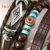 6-teiliges Set mit geflochtenen Armbändern in verschiedenen Formen, Holzperlen-Dekor, Pfauenfeder-Anhänger, Retro-Ethno-Stil, Kunsttürkis-Stein, Steinarmband, Handgelenk