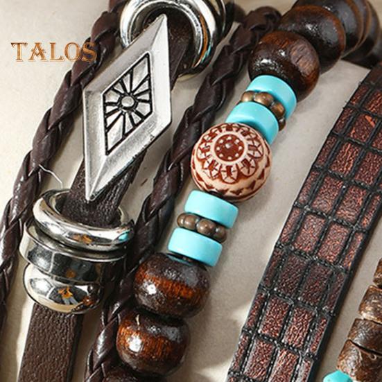 6-teiliges Set mit geflochtenen Armbändern in verschiedenen Formen, Holzperlen-Dekor, Pfauenfeder-Anhänger, Retro-Ethno-Stil, Kunsttürkis-Stein, Steinarmband, Handgelenk