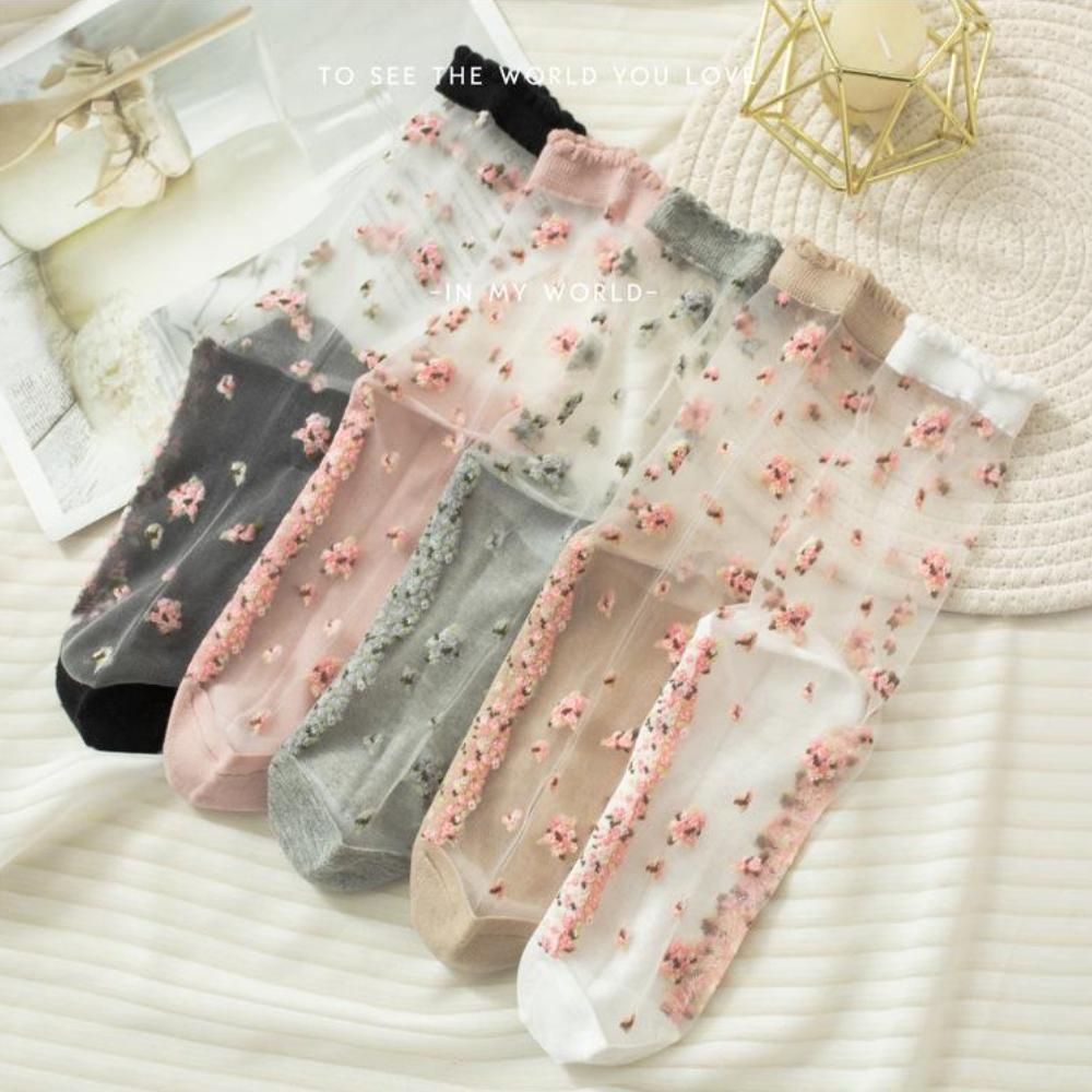 5Pairs/Set Breathable Women Silk Crystal Rose Flower Embroidered Sox For Ladies Summer Fashion Elastic