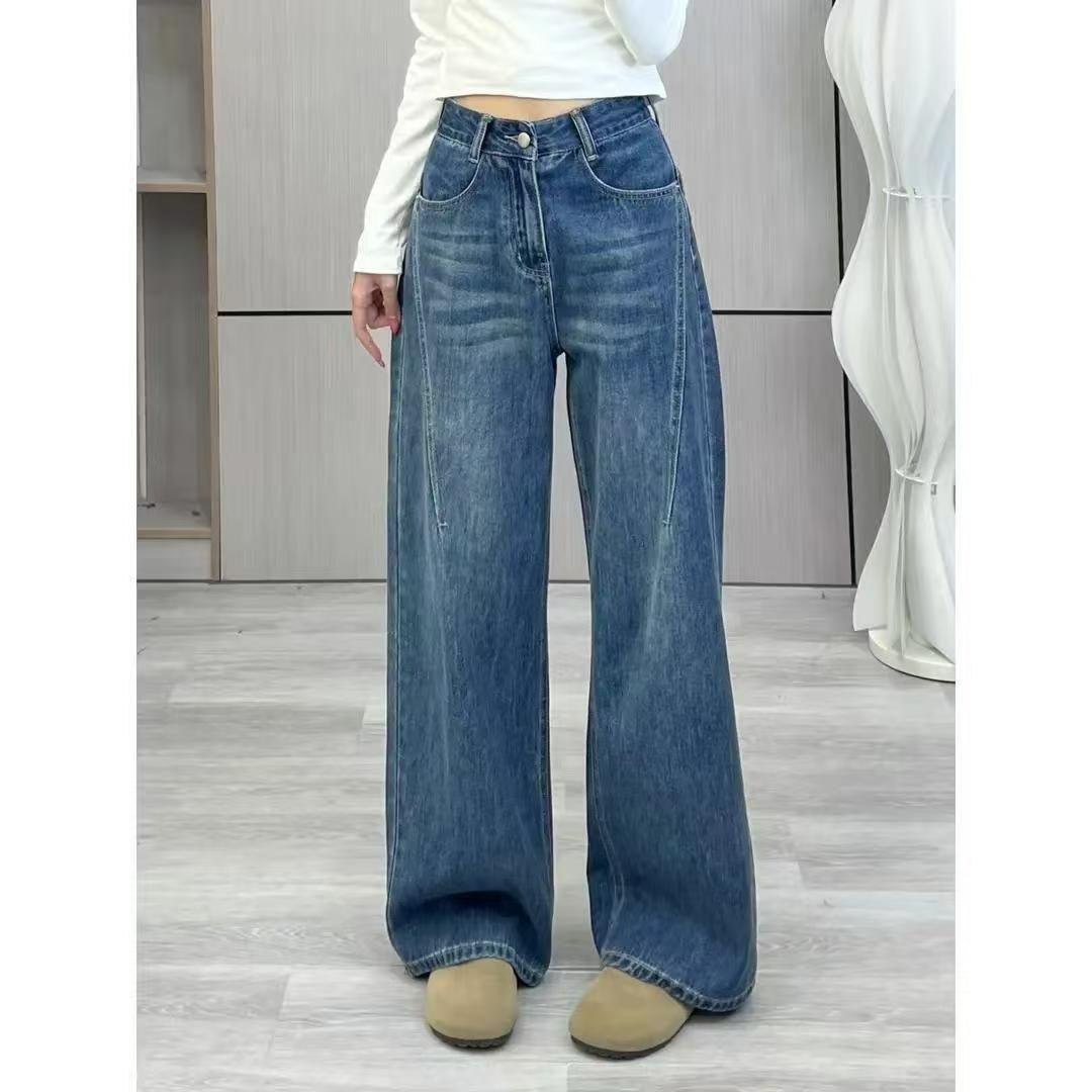 

2026 Spring/Autumn Blue High Waist Slim Fit Wide Leg Jeans for Plus Size Pear-Shaped Women Extra Large синій