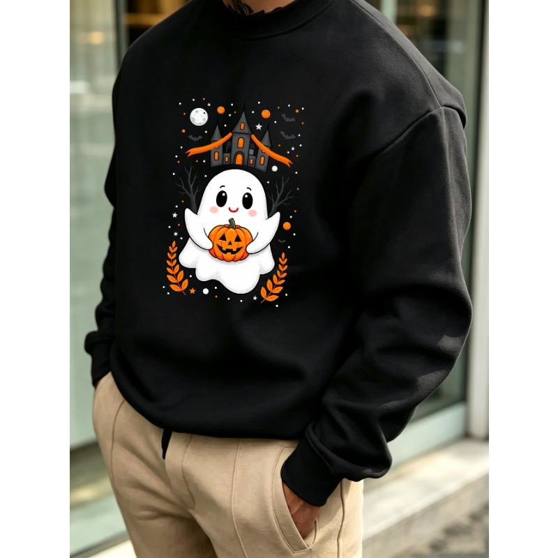 Men's Graphic Print Crew Neck Sweatshirt With Adorable Ghost Pumpkin Haunted House Moon Halloween, Loose Fit Streetwear.