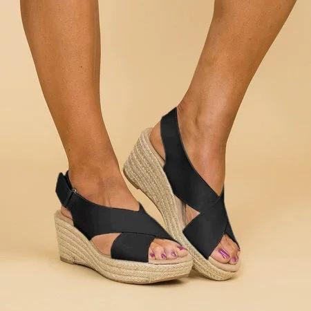 Damen Sommer Minimalistische Keilsandalen Offene Zehen Dicke Sohle Plateau Freizeit Sandalen Knöchelriemen Slingback Einfarbige Sandalen