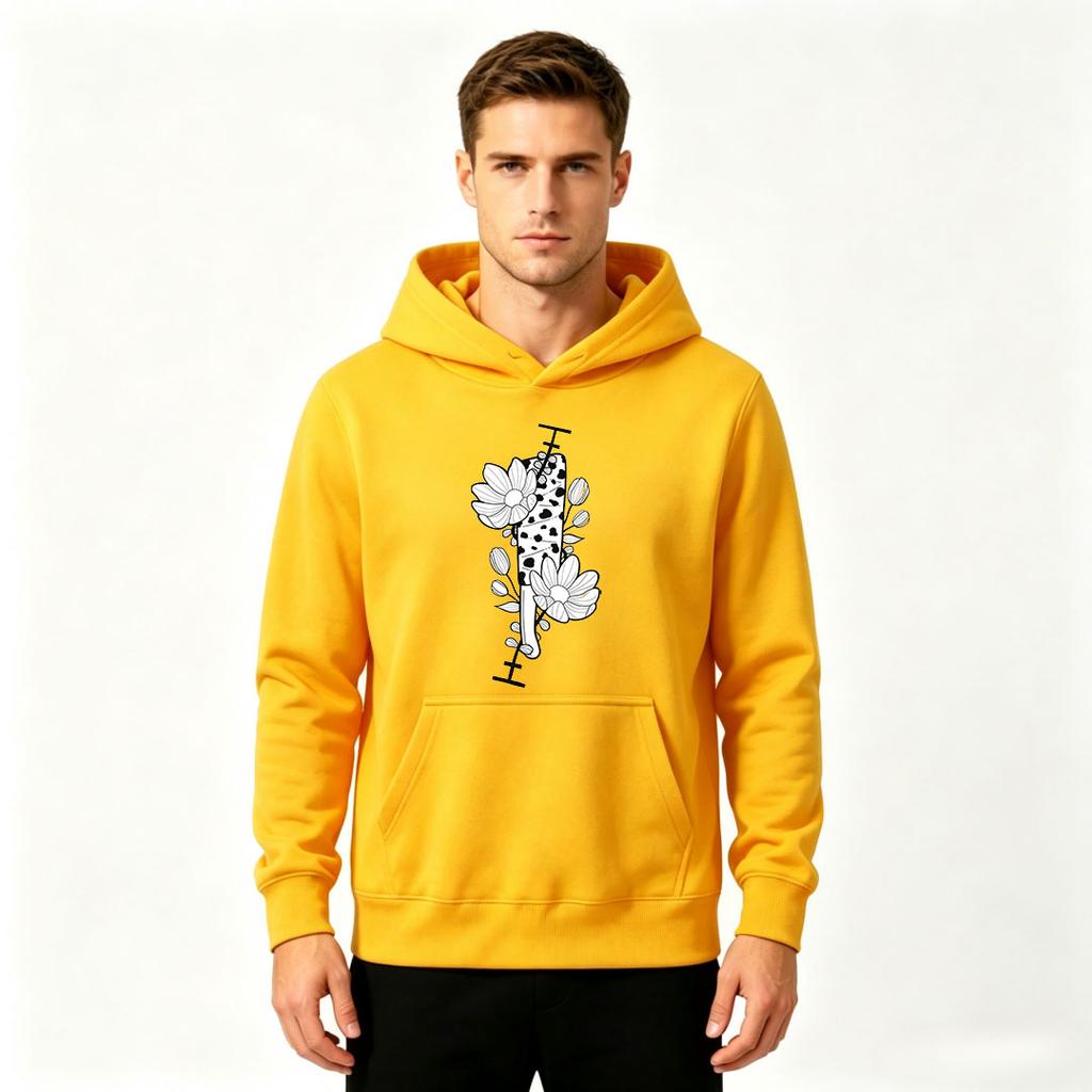 Men's Cow Print Daisy Floral Graphic Pullover Hoodie Casual Long Sleeve Hooded Sweatshirt