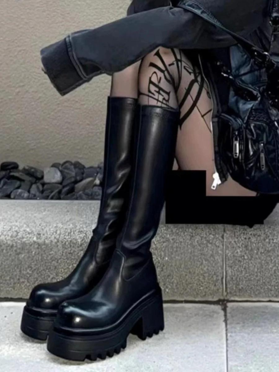 

Elevated Heel Long Tube Boots Knee-L Women s Sle Increased Leg Length Appearances Ultra-Fiber Round Toe Winter 40