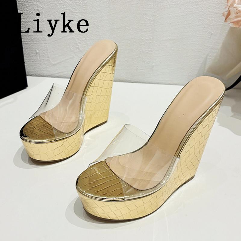 Fashion Liyke Women Sexy Super High Wedges Slippers Platform Sandals Fashion Open Toe Gold Heels PVC Transparent Shoes Zapatos Mujer