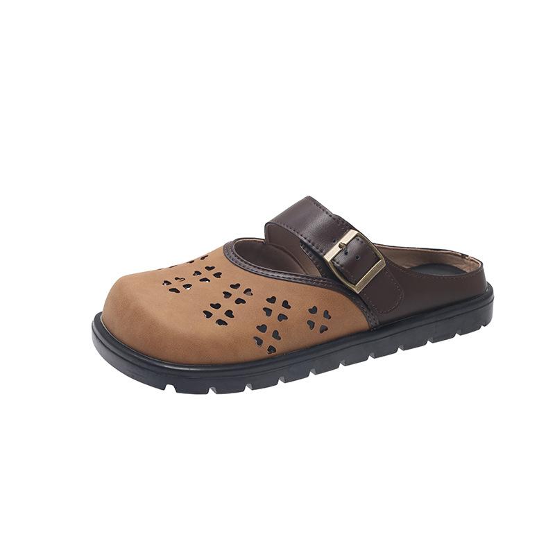 2024 summer new outer wear bag head slippers women's retro versatile Muller shoes square head one pedal half drag hole shoes