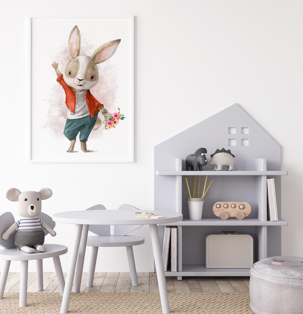 Plakat zając z bukietem kwiatów