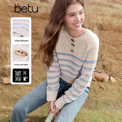 Betu Damen Herbst 2025 Knopfleiste Gestreiftes Patchwork Langarm Strickoberteil