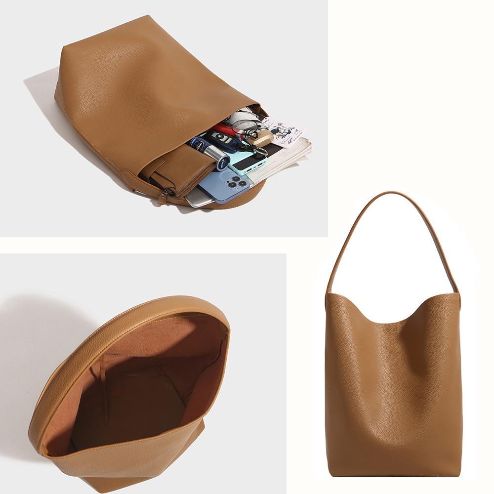 Women's Lychee Pattern Cowhide Bucket Bag - Large Capacity, Commuter Style, Single Shoulder, Lightweight Genuine Leather