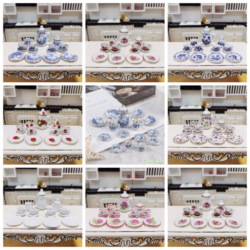 15Pcs Doll House Tableware Kitchen Dollhouse Teapot 1:12 Miniature Porcelain Tea Cup Set Dollhouse