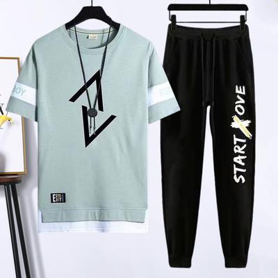 2Pcs/Set Men Casual Outfit O-neck Short Sleeve Letter Printing T-shirt Elastic Drawstring Waist Wide Leg Sweatpants Set Quick Drying Loose Fit
