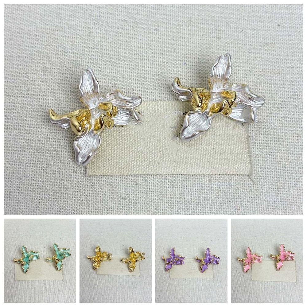 1 pair Luxury Golden and Silver Earrings Zinc Zinc Alloy Metal Flower Ear Studs Enamel Iris Earrings  Girls