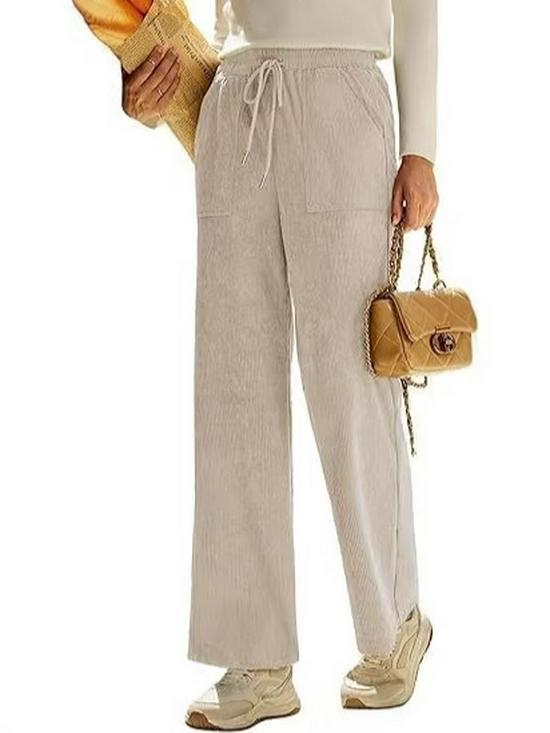 2026 Spring Elastic High Waist Lace-Up Corduroy Pants, Wide-Leg, with Pockets, Casual Long Trousers.