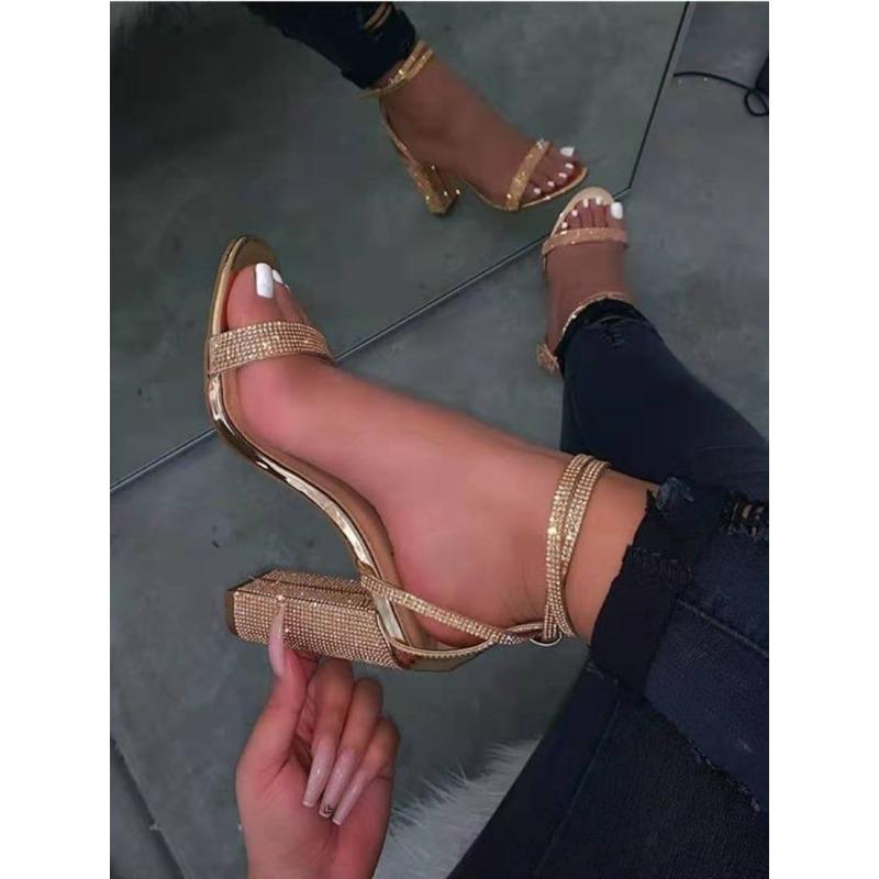 Fashion 2025 New Shiny Gold Rhinestones Chunky Heels Sandals Women Sexy Cross Ankle Strap Silver High Heels Summer Shoes Ladies Pumps