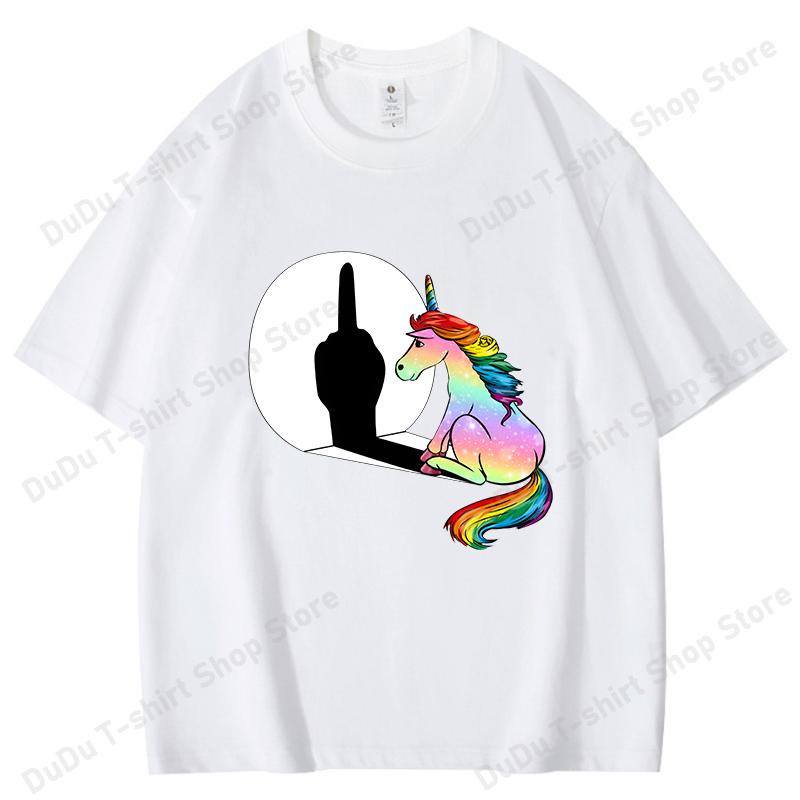 Funny Unicorn Middle Finger Printed TShirts Women Unisex Short Sleeve Cotton 100 Round Neck Tee Shirt Casual Summer Tops