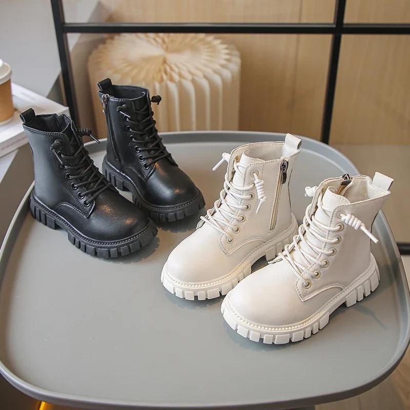 Spring Autumn Girls Ankle Boots Fashion School Kids Leather Boots Thick Bottom Non-slip Children's Platform Causal Boots Black