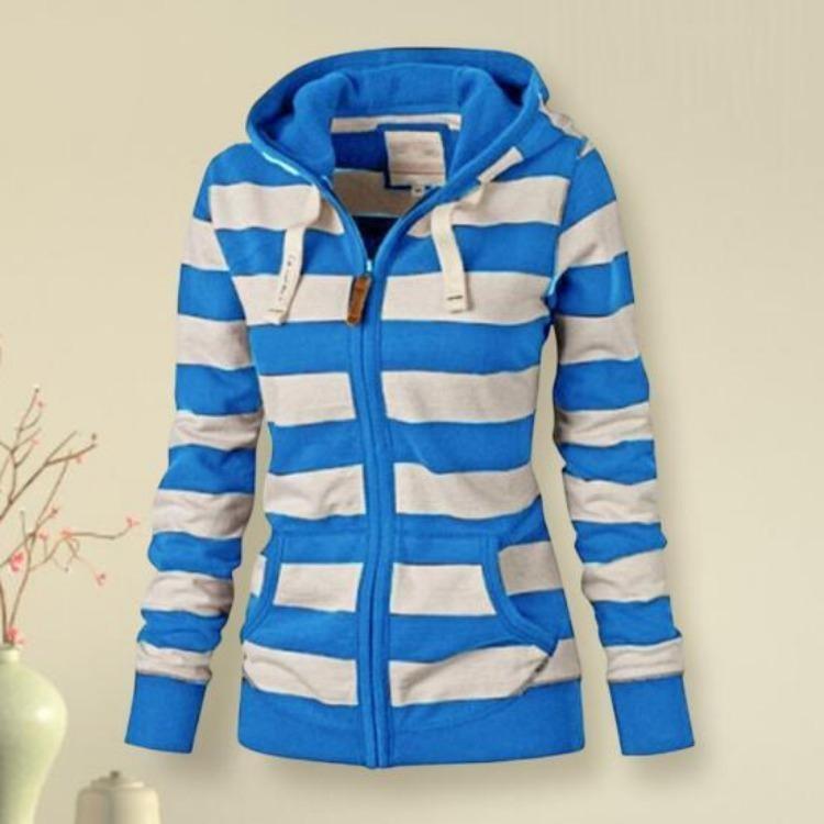 Winter Fashion Women Hoodie Coat Striped Print Long Sleeves Drawstring Pockets Zipper Closure Sweatshirt Jacket Autumn Winter