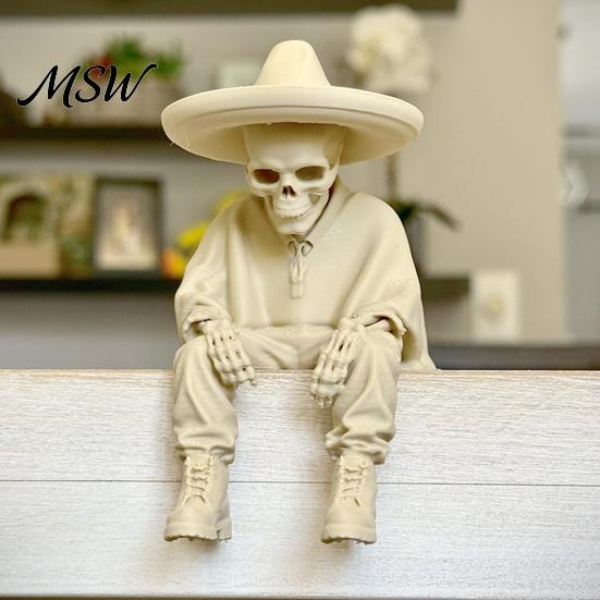 Spooky Aesthetic Office Ornaments 3D Printed Sitting Skeleton Shelf Sitter Figurine, Gothic Hat Desktop Figurines Ornament, Trendy Home Table