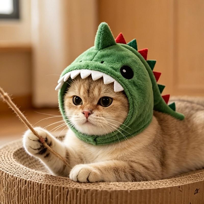 Plush Cats Dinosaur Costume Hat Headgear for Pet Cats, Comfortable Cosplay Headpiece for Party Dressingup, Daily Styling, Fit 3-7Kg