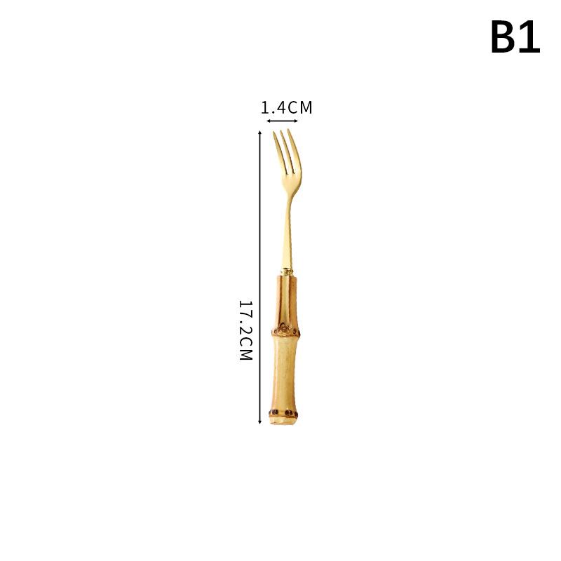 Long Handle Serving Spoon Fork Stainless Steel Gold Silver Bamboo Wooden Salad Spork Dessert Salad Spoon Tableware Set Kitchen