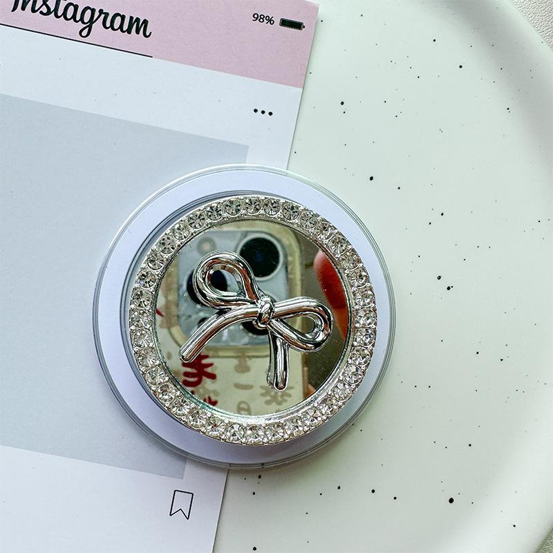 Rhinestone Bow Love Round Flower Mirror Mobile Phone Airbag Holder Magnetic Retractable Desktop Support Holder