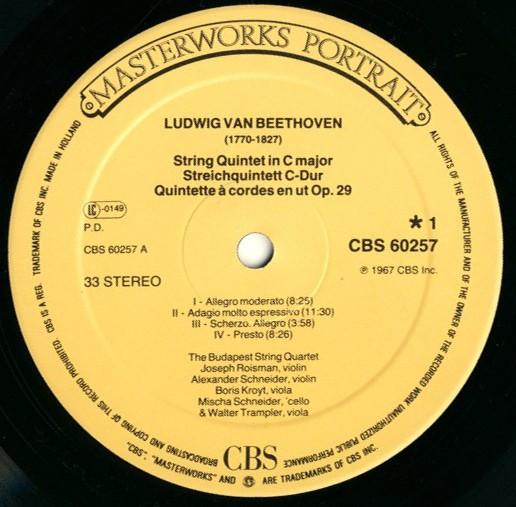 LP Record LUDWIG VAN BEETHOVEN / WALTER TRAMP - String Quintet Streichquintett Quin CBS60257 CBS Masterworks 1983 US Classical Used