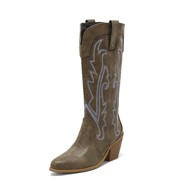 Womens Retro Embroidered Western Cowboy Boots Chunky Heel Color Block Knee High Fashion