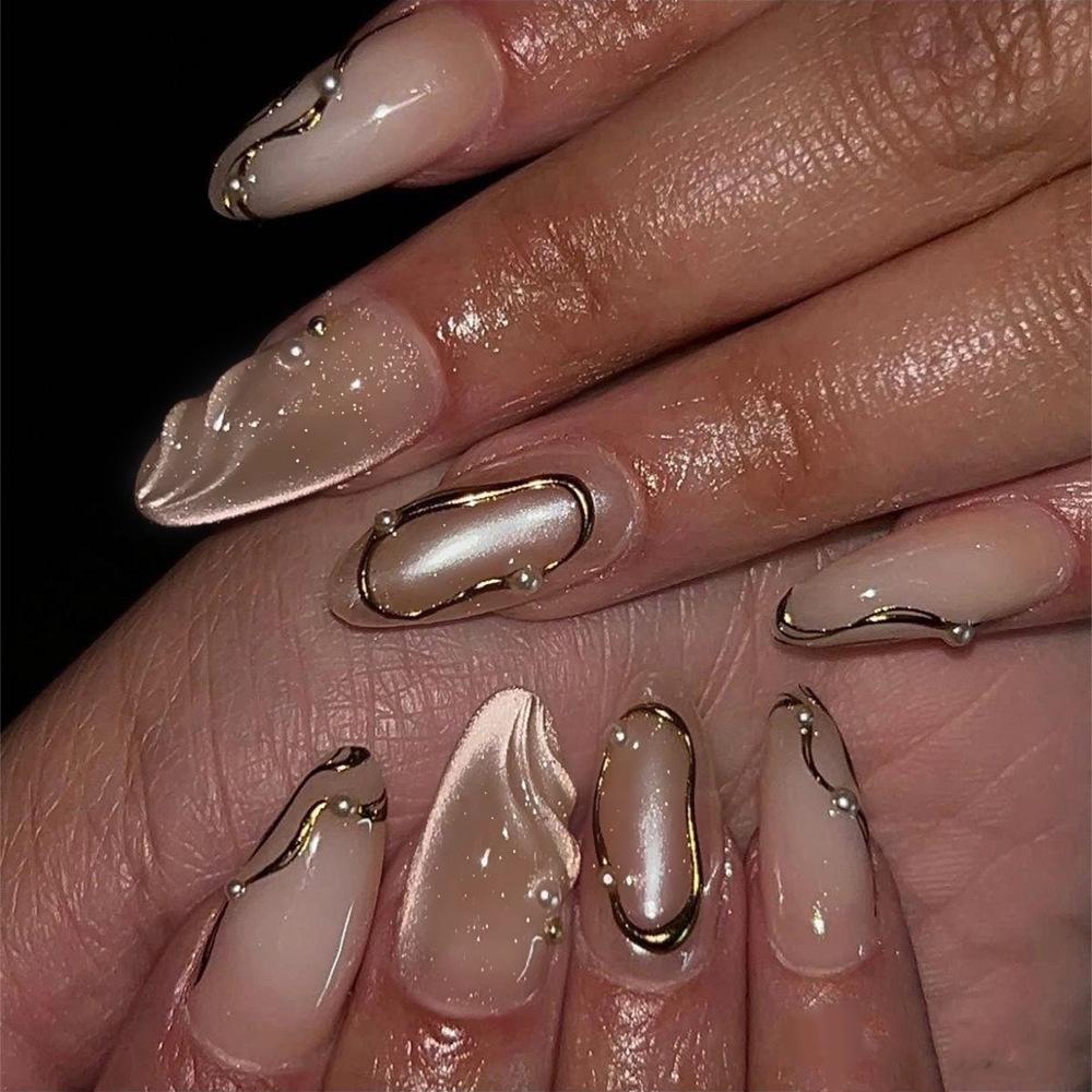 24 Piezas de Uñas Francesas de Almendra Postizas Con Diseño de Flor y Estrella 3D Longitud Media Desmontables Cubierta Completa Puntas de Uñas Postizas