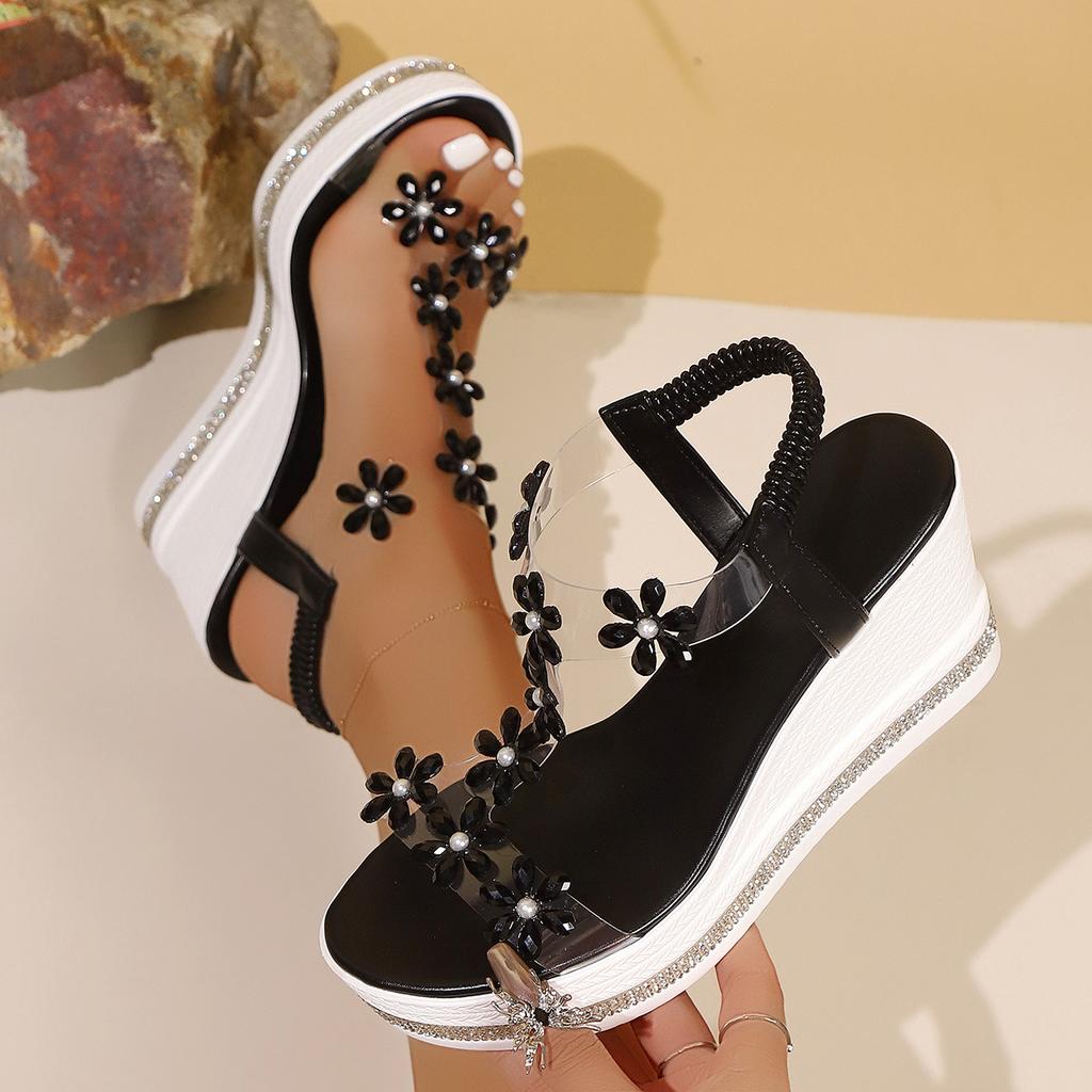 Thick Soled Sandals, Women's Summer New Style, Plus Size Fashion Wedge Heel, Flower Water Diamond Fairy Beach Beach Shoes