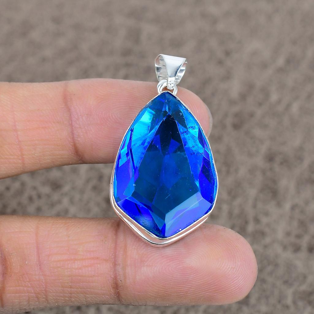 Blue Topaz Gemstone Handmade 925 Sterling Silver Jewelry Pendant 1.77" KKG-58