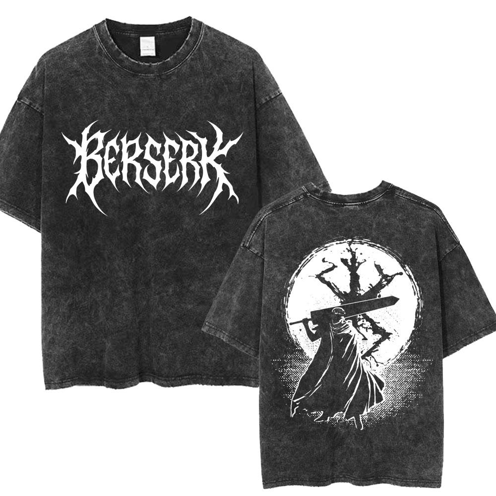 Vintage Washed Anime Berserk Guts T Shirt Swordsman Gatsu Sacrifice Zodd Harajuku TShirt Men Women Loose Cotton Tees Streetwear