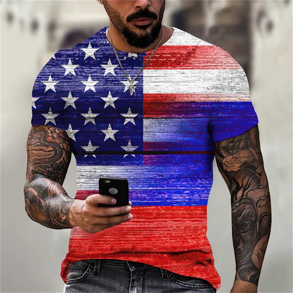 Letní pánské tričko 3D tisk Tričko s vlajkou USA Velká trička Topy Neformální Krátký rukáv Americký Streetwear Móda Muži Oblečení
