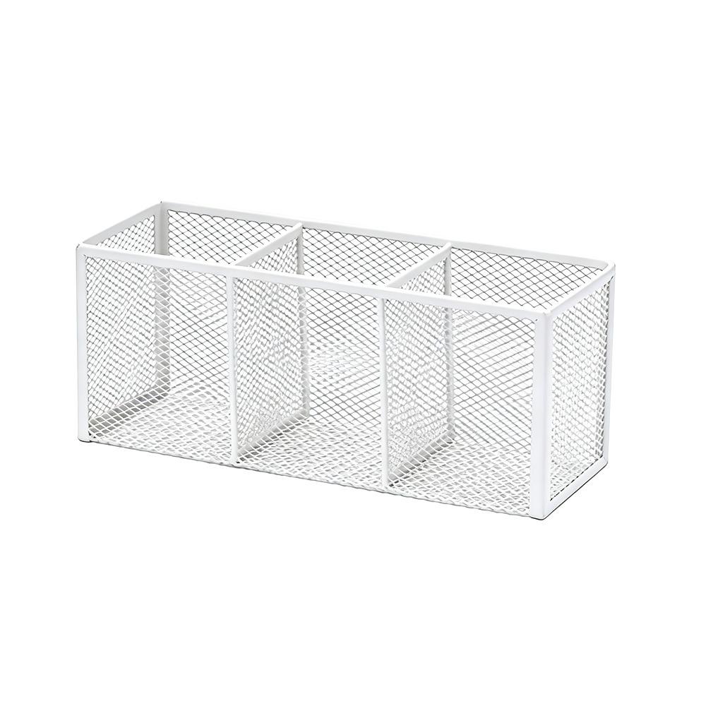 Durable Metal Mesh Desk Organizer Rectangle Pencil Holder  Office Home Supplies White-3 Grids