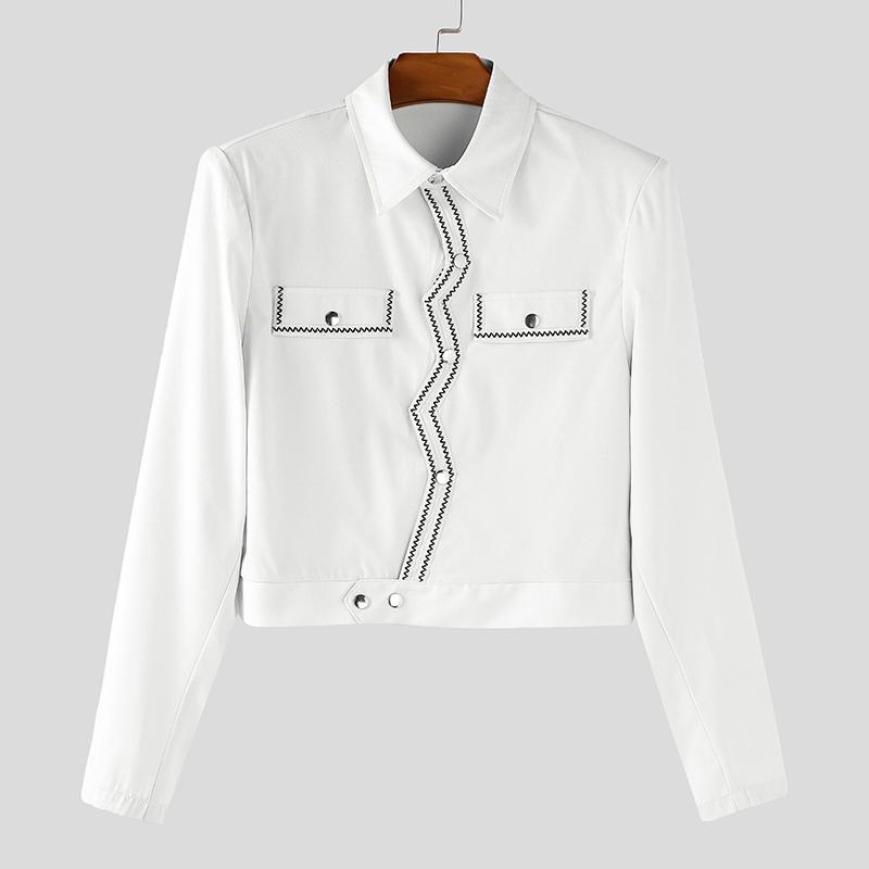 INCERUN Men Long Sleeve Button Texture Hem Stitching Short Coats Jackets