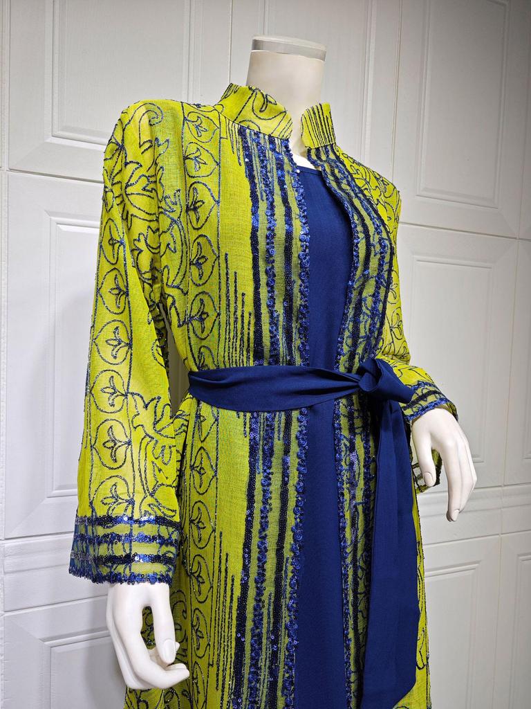 AB333 Elegant Middle Eastern Two-Piece Robe Set with Belt - Dubai Long Cardigan Dress