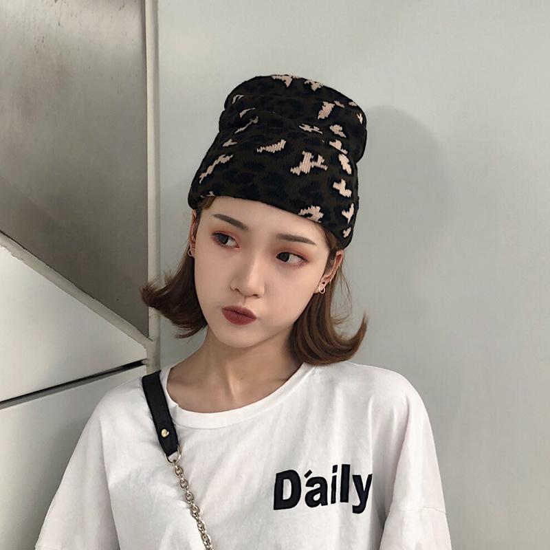 Wool Hat Female Leopard Print Knitted Elastic Warm Versatile Pullover Knitted Hat Autumn and Winter Thickened Ear Protection Hat Male