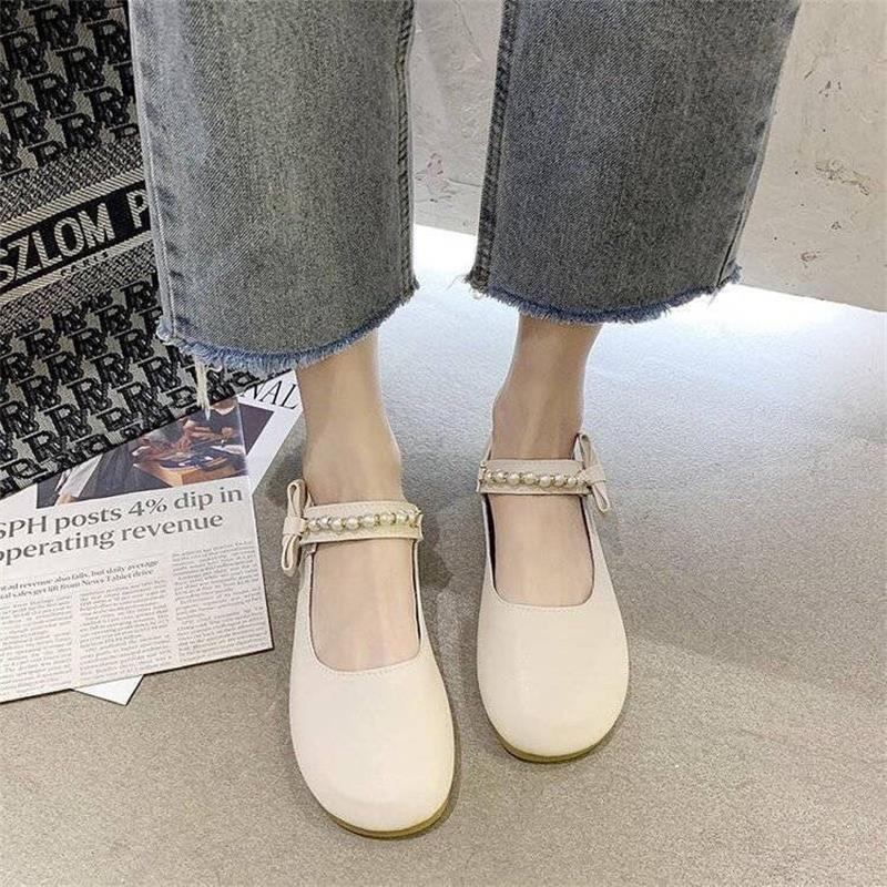 Fairy wind gentle flat-bottomed pearl single shoes female 2025 summer new versatile Mary Jane student lazy beanie shoes