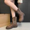 Women'S Retro Mid-Tube Boots Fall New Round Toe Embroidered Rear Zip Platform Non-Slip Block Heel Boots