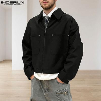 Men Lapel Neck Long Sleeve Zipper Stitching Casual Cargo Jackets Coats