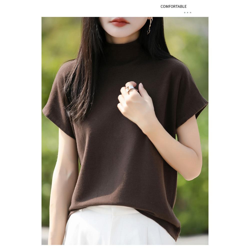 New Spring and Autumn Knitted Sweaters, Pullover Sweaters, Women's Short-sleeved Semi-high-neck Base Sweaters