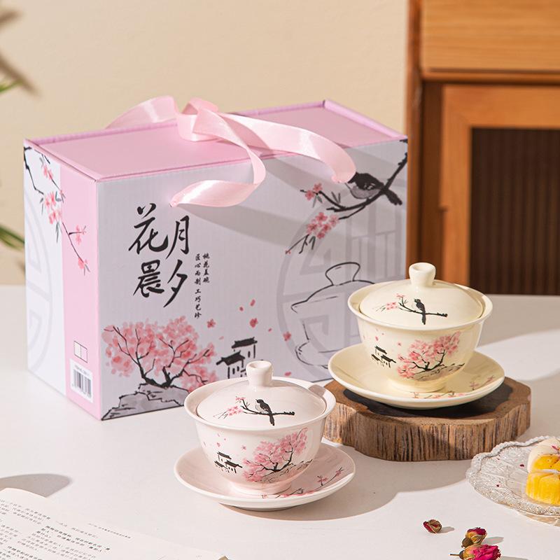 Peach Blossom Cover Bowl Kung Fu Tea Cover Bowl Tea Office Tea Cup Ceramic Single Flower Tea Bowl Gift Souvenir