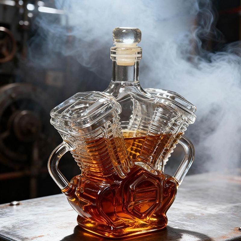 Clear Glass Engine Bottle with Motor Shape for Cabinet Display, Table Pouring, Collector Shelf Placement, and Liquor Service Presentation