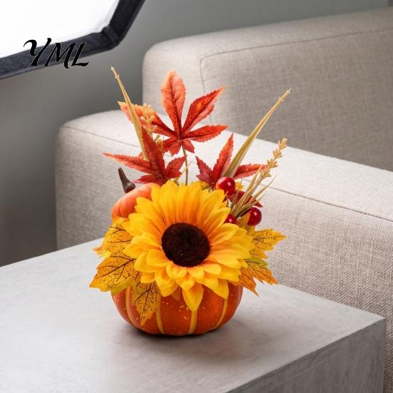 Indoor Seasonal Decorations Artificial Pumpkin Table Centerpiece with Sunflowers Maple Leaves And Pine Rustic Thanksgiving Decor Cones, Halloween Foam
