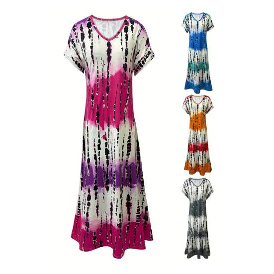 Dámské letní šaty s výstřihem do V, krátkým rukávem, designem s bočním rozparkem, maxi šaty s potiskem tie-dye, volného střihu, ležérní šaty