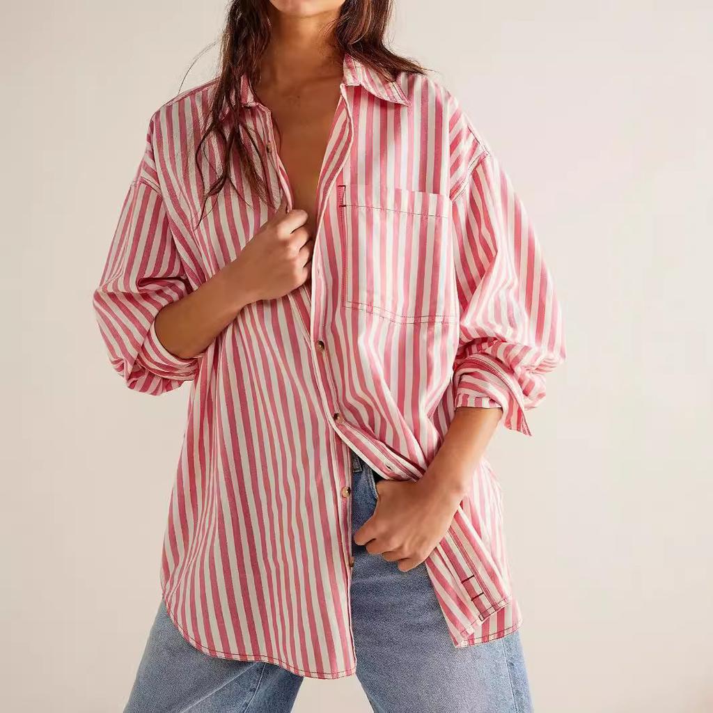 New Fashionable and Versatile Loose Casual Striped Mid-length Long-sleeved Button-down Shirt