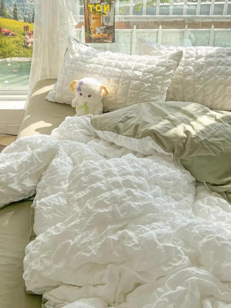 Juego de Ropa de Cama de Princesa Estilo Francés Algodón Lavado Color Sólido Seersucker Verano Suave Nuevo 2024 Juego de Sábanas Juego de Funda Nórdica