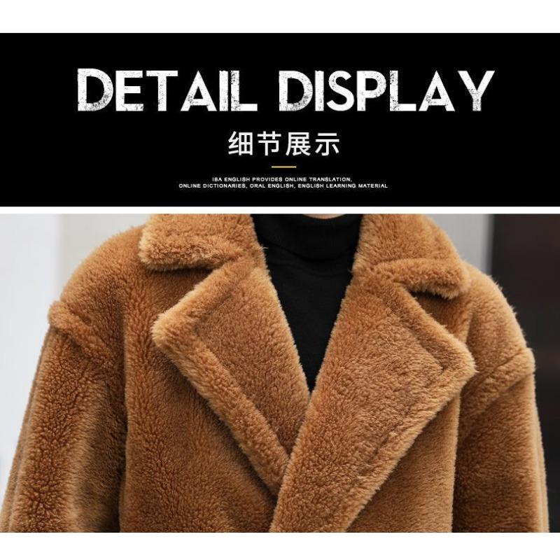 Men's Mid-Length Camel Teddy Faux Fur Coat Lapel Button-Up Warm Winter Overcoat