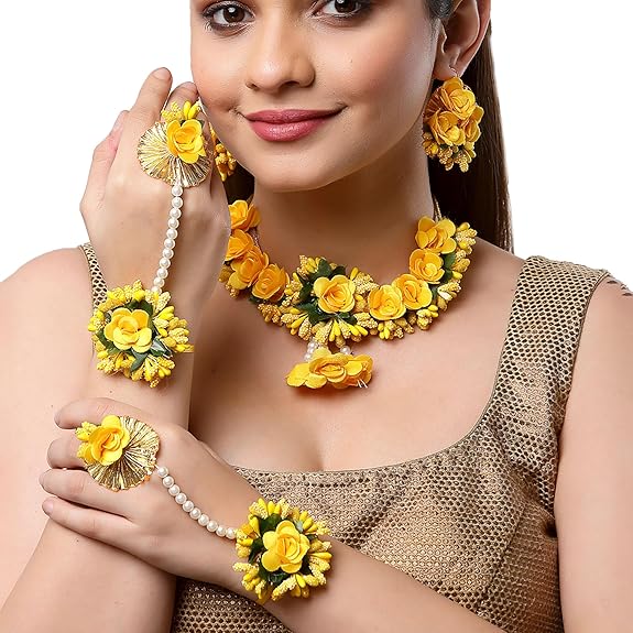 

Комплект украшений с цветами для ожерелья, серег, браслета и Maang Tika Haldi Gota Patti для женщин и девочек